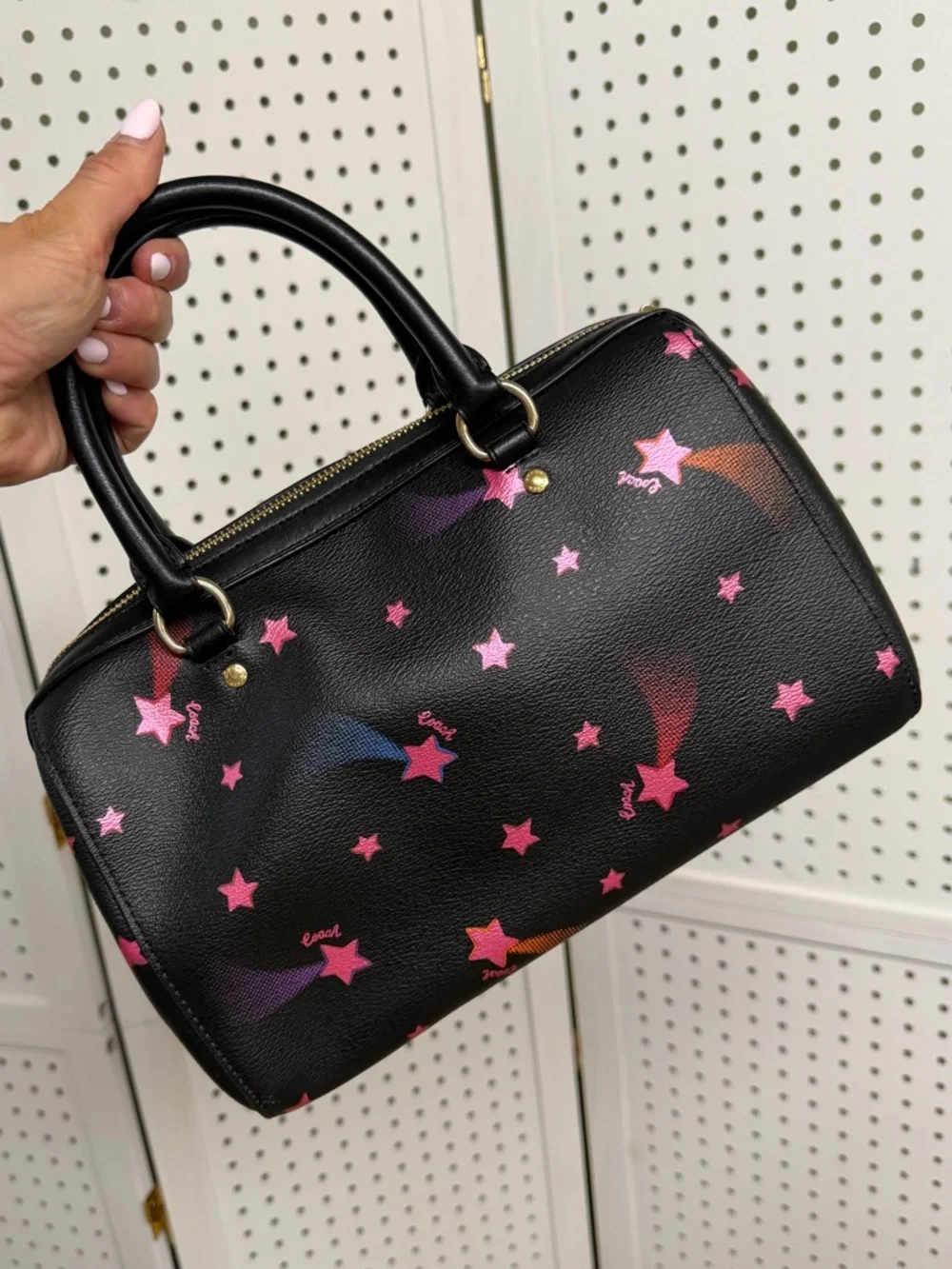 Coach Rowan Satchel Canvas Leather Shooting Disco Star Print Medium Black Pink - Picture 2 of 8